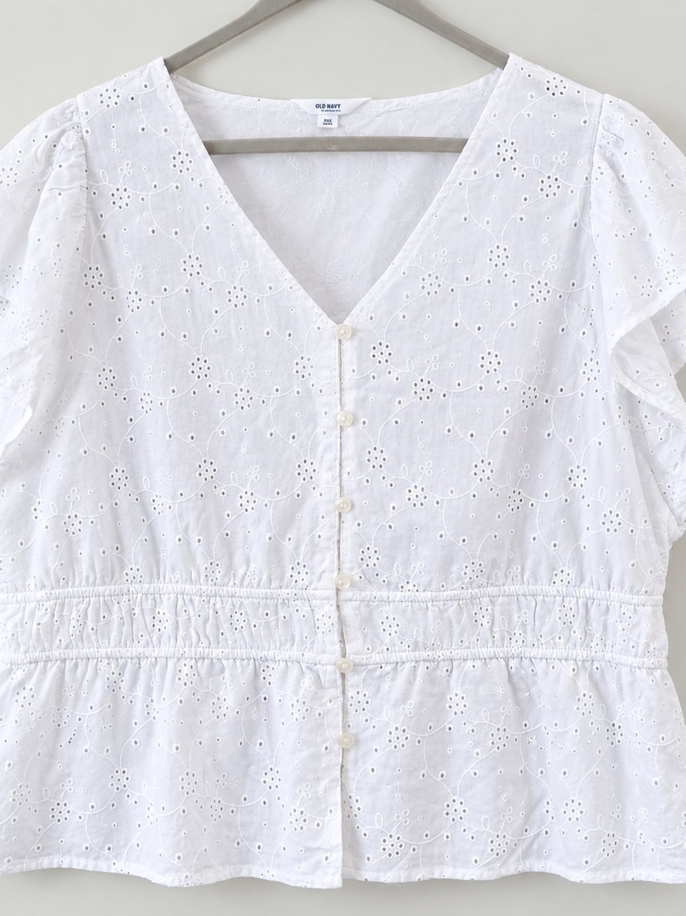 White Eyelet Button-Front Peplum Ruffle Sleeve Top 2x -NWOT